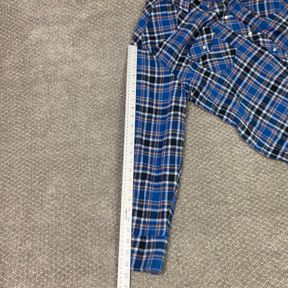 Wrangler Flannel Pearl Snap Shirt Men's XL Fits Large Blue Black Plaid Western - Picture 10 of 11